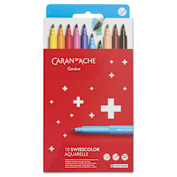 Caran d’Ache Swisscolor Aquarelle Markers - Assorted Colors, Set of 10, front of packaging