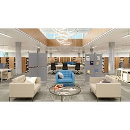 Screenflex Galleria Indoor Outdoor Display Board shown in a library