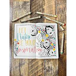 Sakura Pigma Sketch Brush Pens, laid out next to open notebook with drawing (not included)