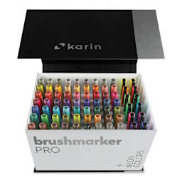 Karin Brushmarkers Pro Markers - Mega Box Plus, Set of 75, box opened showing the markers inside