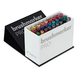 Karin Brushmarkers Pro Markers - Mini Box, Set of 27, box opened showing markers inside