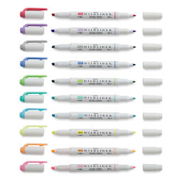 Zebra Mildliner Double Ended Creative Markers - Fluorescent and Cool Colors, Set of 10 with caps off