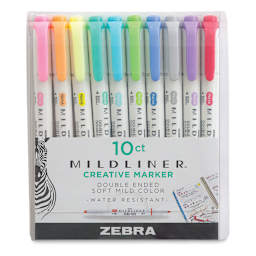 Zebra Mildliner Double Ended Creative Markers - Fluorescent and Cool Colors, Set of 10