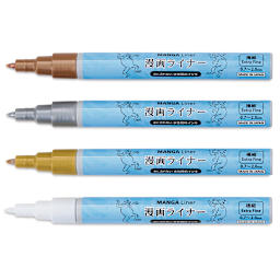 Aitoh Manga Liner Pens - Neutral Metallic Colors, Set of 4 (markers with caps off)
