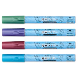Aitoh Manga Liner Pens - Bright Metallic Colors, Set of 4 (markers with caps on)
