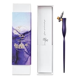 Tom's Studio Flourish Oblique Calligraphy Dip Pen - Iris, pen next to packaging box