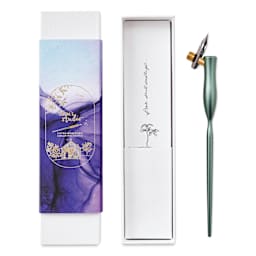 Tom's Studio Flourish Oblique Calligraphy Dip Pen - Sage, pen next to the packaging box