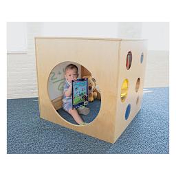 Whitney Brothers Plus Porthole PlayHouse shown with toddler playing inside