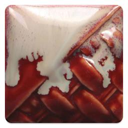 Mayco Stoneware Flux Glaze - Light fired at cone 6 oxidation, chips shown over SW-119 Cinnabar