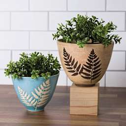 Mayco Stoneware Engobe - finished plant pot examples, blue and brown both with double leaf accent