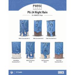Phase Glaze. PG-24 Night Rain On AMACO Clays. White Chocolate No. 16, Milk Chocolate No. 30, Dark Chocolate No. 32, A-Mix White Stoneware No. 11, White Stoneware No. 38, Buff Stoneware No. 46, Terra Cotta Stoneware No. 77. 3 Coats.