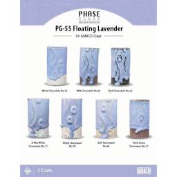 Phase Glaze. PG-55 Floating Lavender On AMACO Clays. White Chocolate No. 16, Milk Chocolate No. 30, Dark Chocolate No. 32, A-Mix White Stoneware No. 11, White Stoneware No. 38, Buff Stoneware No. 46, Terra Cotta Stoneware No. 77. 3 Coats.