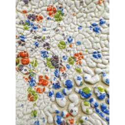 Ritual Glaze Moon Rocks Glaze - finished example with orange, green, blue, and grey glazes - close-up