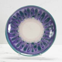 Mayco Stoneware Bisque Plates - Rimmed Salad Plate finished product with violet and cyan colors