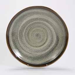 Mayco Stoneware Bisque Plates - Rimmed Dinner Plate finished product with spiral pattern