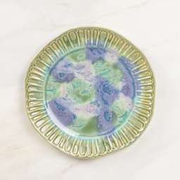 Mayco Stoneware Bisque Plates - Fluted Salad Plate finished product with blue and green coloring