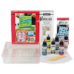 DecoArt Water Marbling Acrylic Paint - Starter Kit, contents laid out in front of the packaging. 