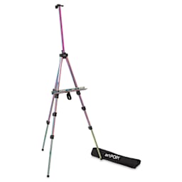 artPOP! Iridescent Tripod Floor Easel, unfolded and expanded easel next to storage bag