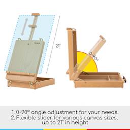 Meeden Wood Sketchbox Easel 0-90-degree angle adjustment for your needs. Flexible slider for various canvas sizes, up to 21" in height.