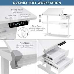 Studio Designs Graphix E-Lift Workstation, featuring details and close-up of the control panel