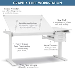 Studio Designs Graphix E-Lift Workstation, featuring details of the workstation