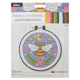 Bucilla Mindful Stitching Counted Cross Stitch Kit - Expressive Bee, 6" front of packaging