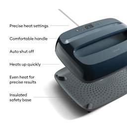Precise heat settings. Comfortable handle. Auto shut off. Heats up quickly. Even heat for precise results. Insulated safety base.