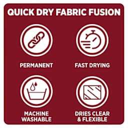 Quick dry fabric fusion: permanent, fast drying, machine washable, dries clear and flexible