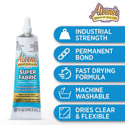 Industrial strength, premanent bond, fast drying formula, machine washable, dries clear and flexible.