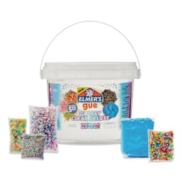 Elmer’s Gue Premade Slime - Glassy Clear Deluxe Bucket with Mix-Ins, 3 lb, Mix-Ins in Front of Bucket