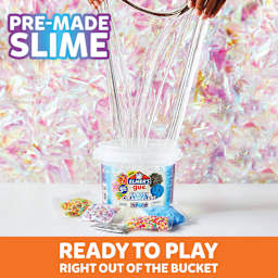 Elmer’s Gue Premade Slime - Glassy Clear Deluxe Bucket with Mix-Ins, 3 lb, Slime Stretched Out of Bucket