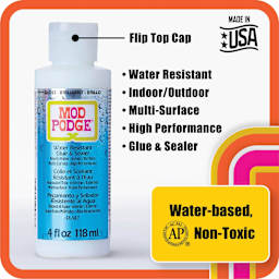 Plaid Mod Podge Water Resistant Glue and Sealer, display of features and specifications