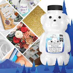 Bearly Art Precision Craft Glue Bear Refill - 11 oz - bottle next to crafting examples