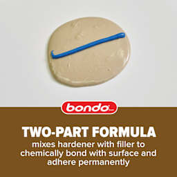 Two-Part Formula mixes hardener with filler to chemically bond with surface and adhere permanently