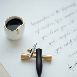 Tom's Studio Butterfly Brass Pen Rest - Gold, close-up of the rest and a pen on top (not included)