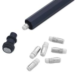 Kaweco Special Mechanical Pencil Eraser Refill, six laid out and one inside a mechanical pencil