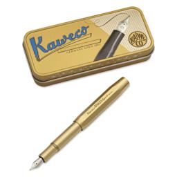 Kaweco Brass Sport Fountain Pen - Broad Nib, Blue Ink - pen and packaging