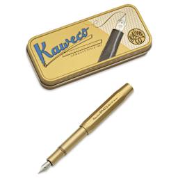 Kaweco Brass Sport Fountain Pen - Extra Broad Nib, Blue Ink - pen and packaging
