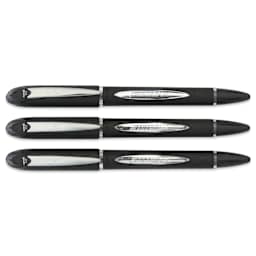 Uni-Ball Jetstream Ballpoint Pens - Black, 1 mm, Pkg of 3, laid out with caps on