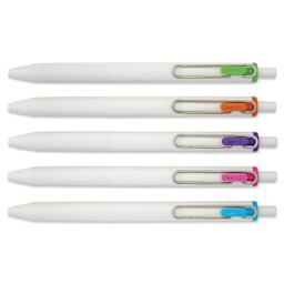 Uni-Ball One Retractable Gel Pens - Assorted Colors, Pkg of 5, laid out with tips retracted