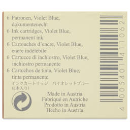 Graf von Faber-Castell Fountain Pen Cartridges - Violet Blue, Pkg of 6 - back of packaging