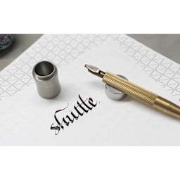 Colorverse Shuttle Stainless Steel Ink Barrel, inkwell shown and pen rest with pen on top (not included)