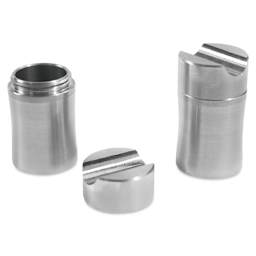 Colorverse Shuttle Stainless Steel Ink Barrel, lid off showing inkwell and lid one showing pen rest