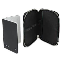 Endless Companion 5 Pen Pouch - Black, pen case open and pocket notebook standing