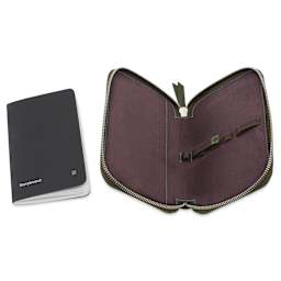 Endless Companion 5 Pen Pouch - Green, pen case open and pocket notebook standing