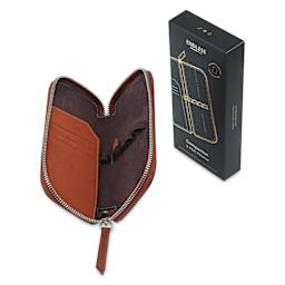 Endless Companion 3 Pen Pouch - Brown, pen case opened next to packaging