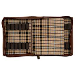 Girologio 12 Leather Pen Zip Case - Bomber Brown, open showing pattern inside