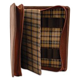 Girologio 12 Leather Pen Zip Case - Bomber Brown, open showing compartments