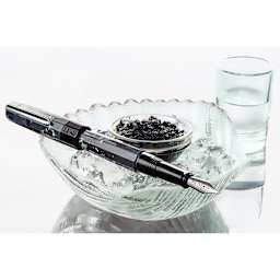 Benu Euphoria Fountain Pen - Caviar, pen laid out next to a tray full of caviar (image shows a different size nib)