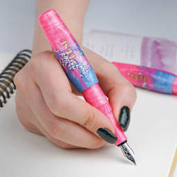 Benu Pixie Fountain Pen - Stardust Pink, pen in hand (image may show a different size nib)
